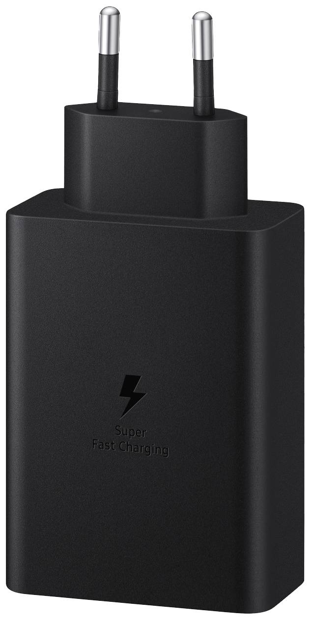 Schwarzes Handy-Ladegerät mit EU-Stecker, mit Aufschrift 'Super Fast Charging', geeignet für schnelles Laden von mobilen Geräten.