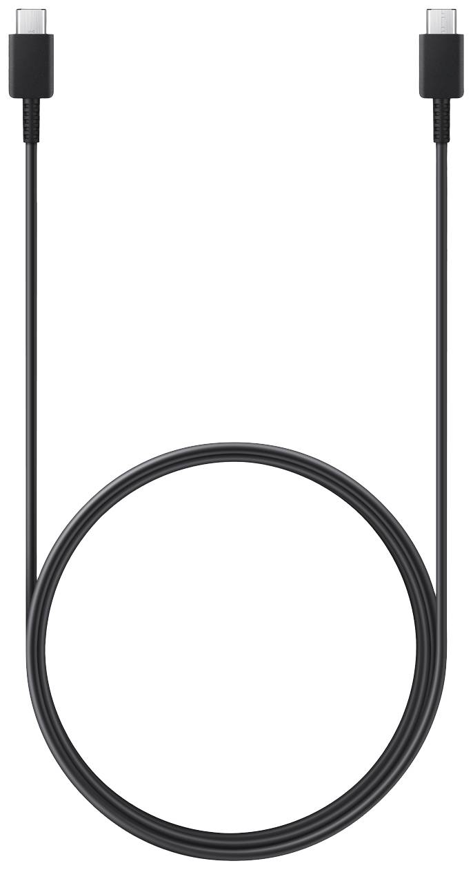 Schwarzes USB-C-auf-USB-C-Kabel, gerade gelegt, mit zwei Steckern an den Enden, geeignet zum Aufladen und für Datenübertragungen.