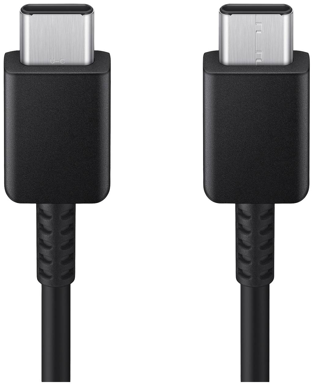 Zwei USB-C-Kabel mit schwarzem Gehäuse, jeweils mit silbernem Stecker, nebeneinander auf weißem Hintergrund.