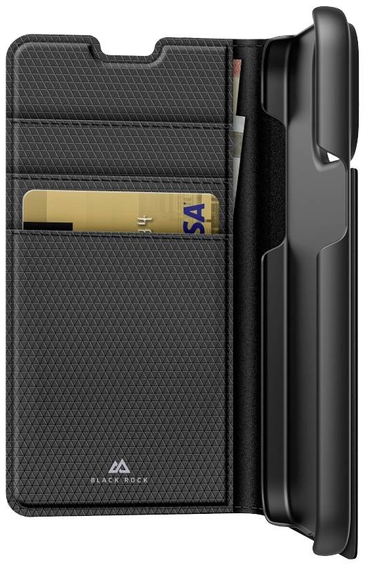 Das Bild zeigt eine geöffnete schwarze Handyhülle mit Kartenfächern. Eine Kreditkarte und Geldscheine sind sichtbar. Links auf der Hülle steht 'Black Rock'.