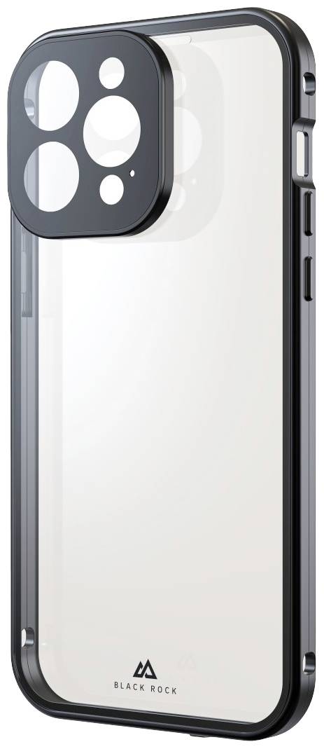 Transparentes Smartphone-Gehäuse mit schwarzem Rand und Kameraaussparungen, Markenname 'Black Rock' unten abgebildet.