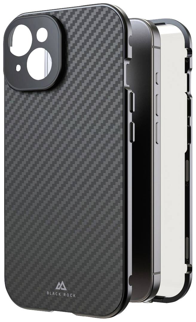 Eine dreiteilige Handyhülle aus karbonartigem Material, die ein Smartphone von hinten zeigt. Der Schriftzug 'Black Rock' ist sichtbar.