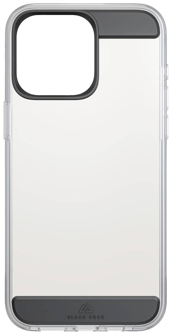 Transparente Smartphone-Hülle mit schwarzem Rahmen und klarer Rückseite, ausgelegt für ein Modell mit großer Kameraöffnung.