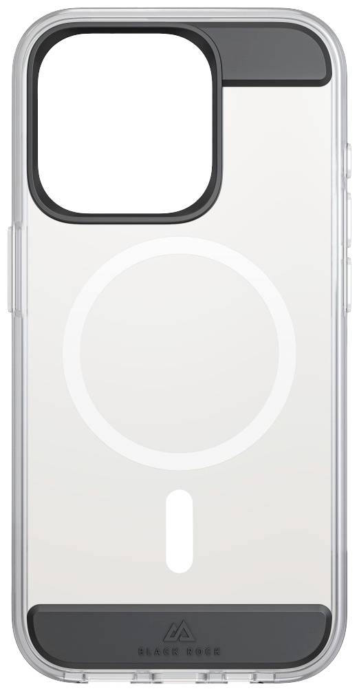 Schutzhülle für Smartphone, durchsichtig mit schwarzen Akzenten und kreisförmigem Design in der Mitte, für Kamera geeignet.