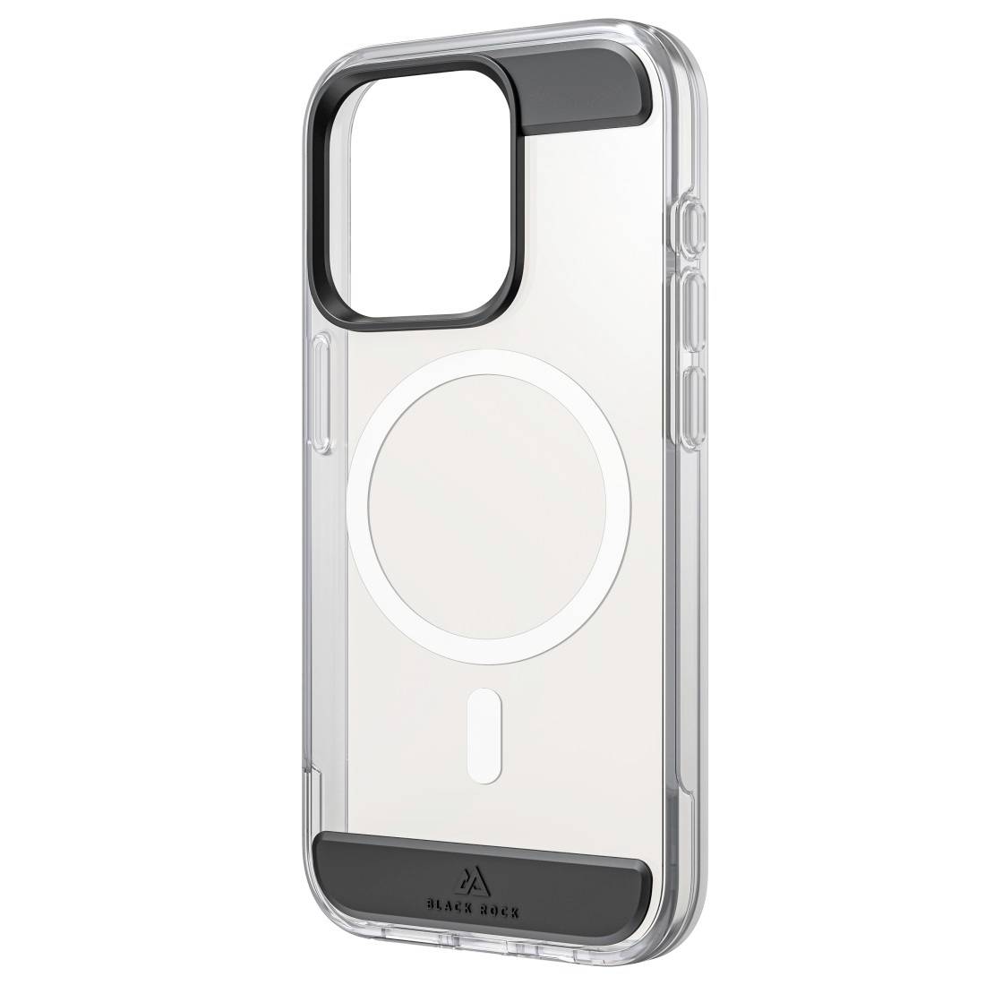 Eine transparente Handyhülle mit schwarzen Akzenten, geeignet für ein Smartphone mit großem Kameraausschnitt und kreisförmigem MagSafe-Design.