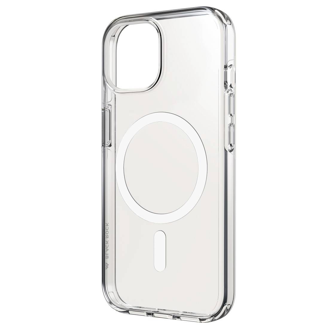 Durchsichtiges Smartphone-Gehäuse mit kreisförmigem MagSafe-Symbol in der Mitte, designed für Kompatibilität mit kabellosem Laden.