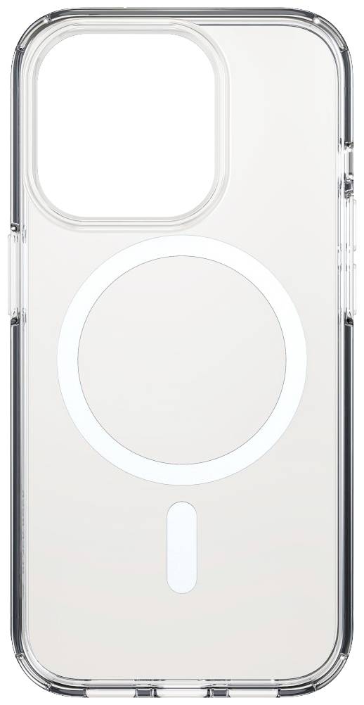 Transparente Smartphone-Hülle mit kreisförmigem MagSafe-Symbol in der Mitte, geeignet für Smartphones mit großen Kameramodulen.