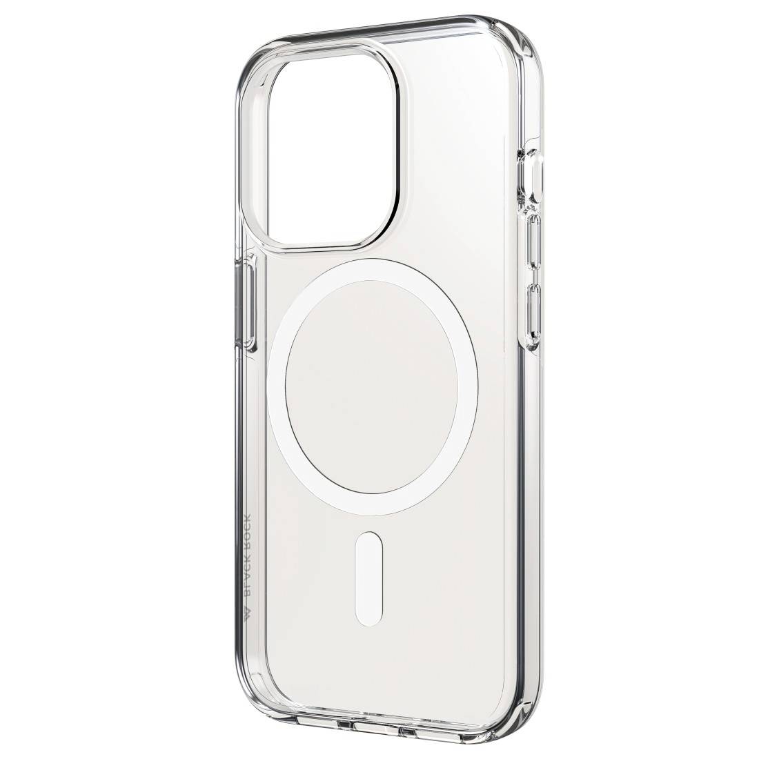 Durchsichtige Smartphone-Hülle mit kreisförmigem Design, zeigt Anschlusskompatibilität, schützt Ecken und Rückseite.