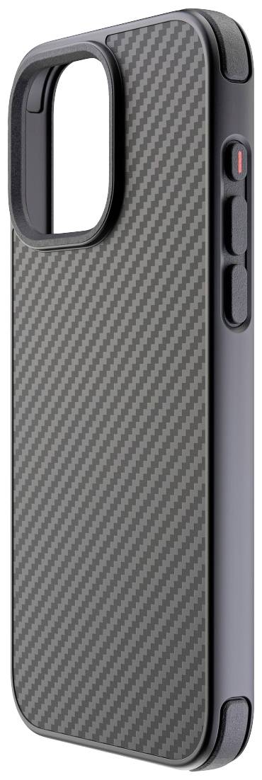 Schwarzes Smartphone-Case mit Carbonfaser-Druck und seitlichen Bedienknöpfen. Schützt Gerät vor Stößen und Kratzern.