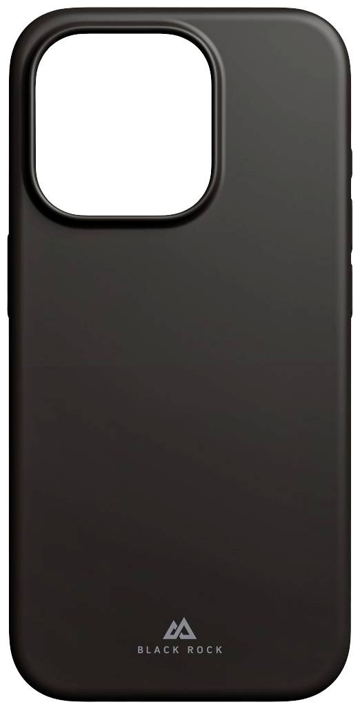 Schwarze Smartphone-Hülle von Black Rock, schlichtes Design, Kameraausschnitt oben links, robust aussehend, ohne sichtbare Details.
