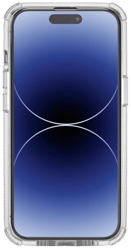 Smartphone mit blauem Bildschirm und durchsichtigem Schutzgehäuse, frontal dargestellt.