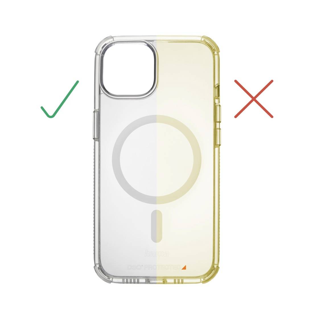 Transparente Handyhülle mit MagSafe-Ring in der Mitte. Links grün abgehakt, rechts rotes 'X'. Zeigt saubere vs. vergilbte Seite.