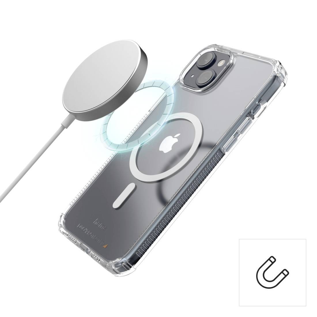 Ein transparentes Smartphone-Case zeigt magnetische Kompatibilität mit kabellosem Ladegerät für iPhone. Magnetensymbol unten rechts.