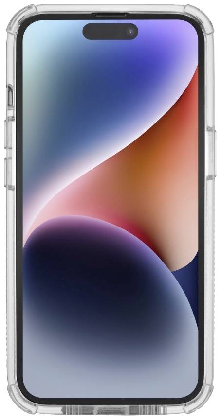 Mobiltelefon mit buntem, abstraktem Hintergrund auf dem Display, eingefasst in einer transparenten Schutzhülle.