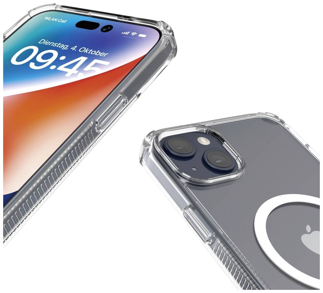 Zwei Smartphones in durchsichtigen Hüllen, eines zeigt den Bildschirm mit Uhrzeit und Datum, das andere die Rückseite mit Kameras.