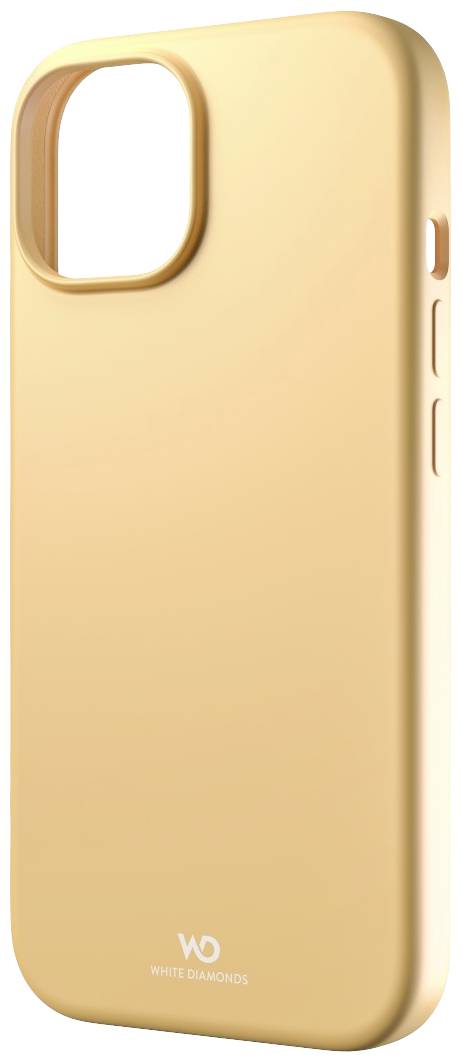 Ein gelbes Smartphone-Case mit Kameraausschnitt und Tastenabdeckungen. Unten steht 'White Diamonds' aufgedruckt.