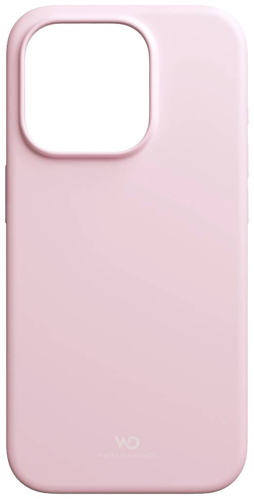 Eine rosafarbene Smartphone-Hülle mit schlichtem Design, freigelegter Kameraaussparung und dezentem Logo unten.
