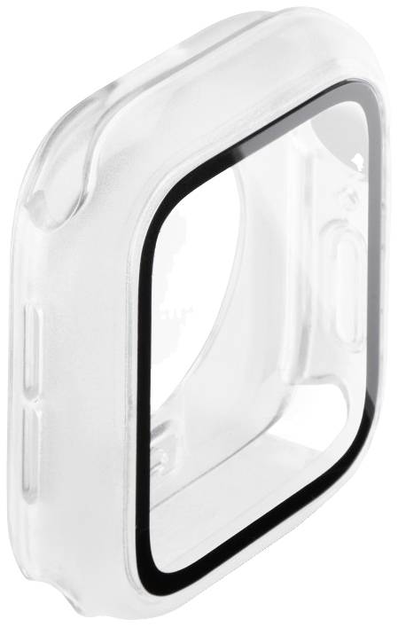 Transparente Abdeckung für eine Smartwatch, die den Bildschirm schützt. Sie hat abgerundete Ecken und schwarze Ränder.