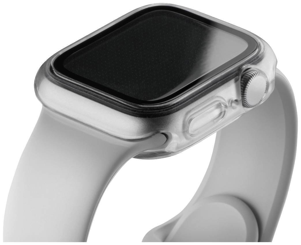 Eine moderne Smartwatch mit schlichtem, grauem Armband und großem, schwarzem Display.