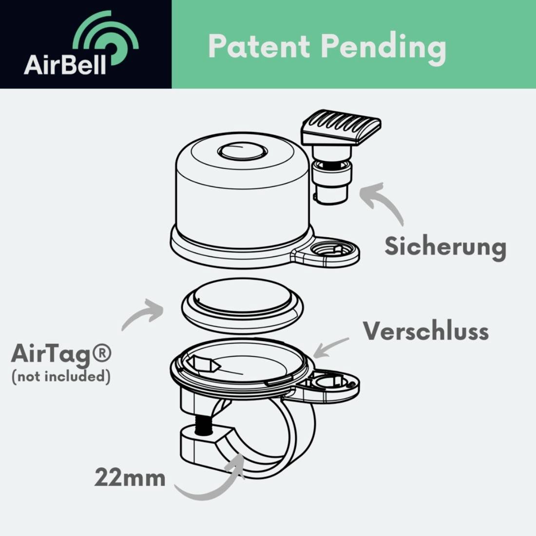 Die Grafik zeigt eine schematische Darstellung eines AirTag-Halters namens AirBell. Sie illustriert den Aufbau mit Sicherung, Verschluss und Anpassungsmöglichkeit für 22 mm Lenkstangen.
