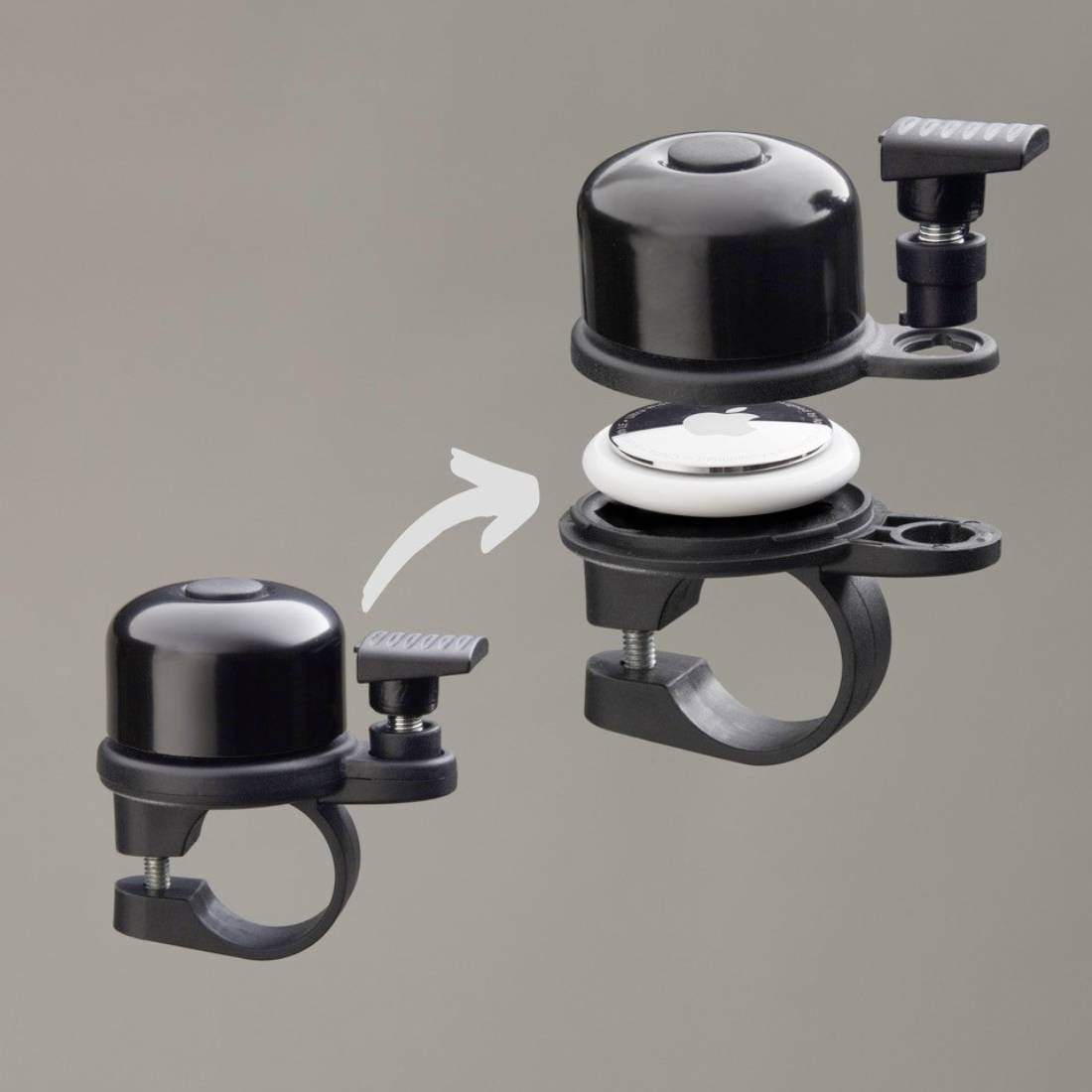 'Fahrradklingel mit austauschbarer Oberseite' zeigt zwei Teile: einen kompletten Klingelkopf und die darunter liegende Halterung.