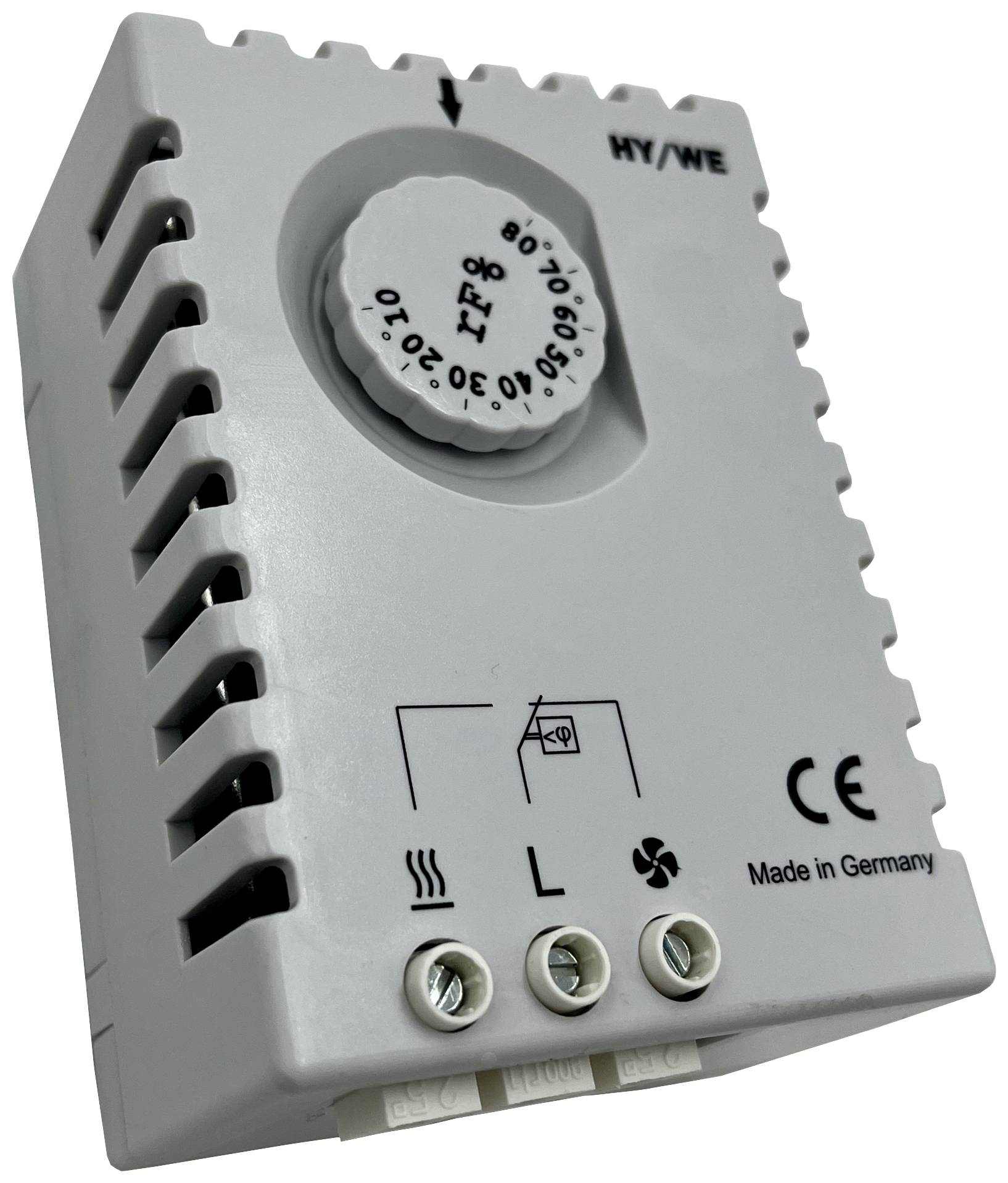 Thermostat zur Temperaturregelung mit einem Drehknopf zur Einstellung. Symbole für Heizung und Lüftung, hergestellt in Deutschland.
