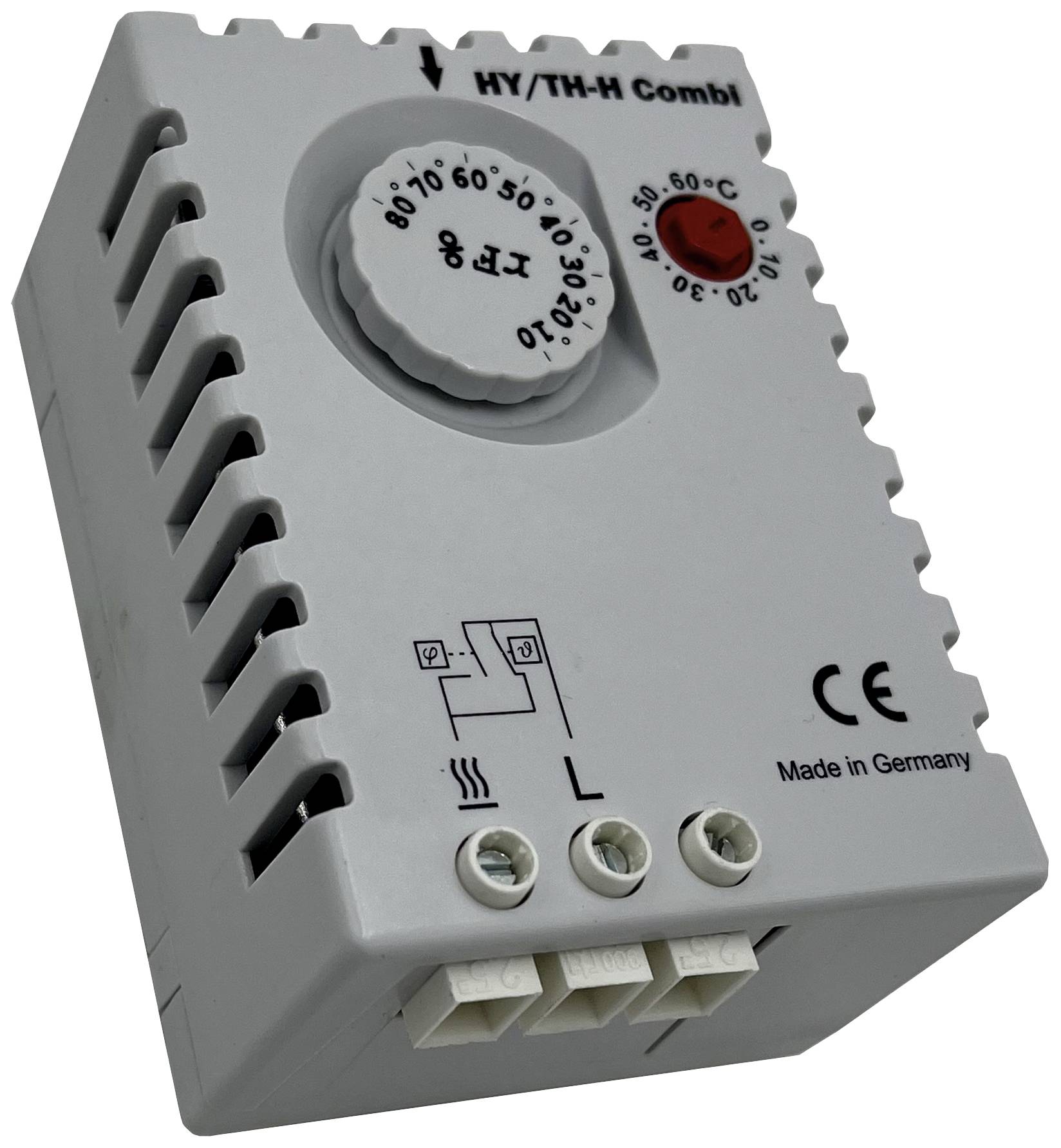Thermostatmodul mit Temperaturregler, Skala von 0-60°C, CE-Zeichen und Aufschrift 'Made in Germany'.