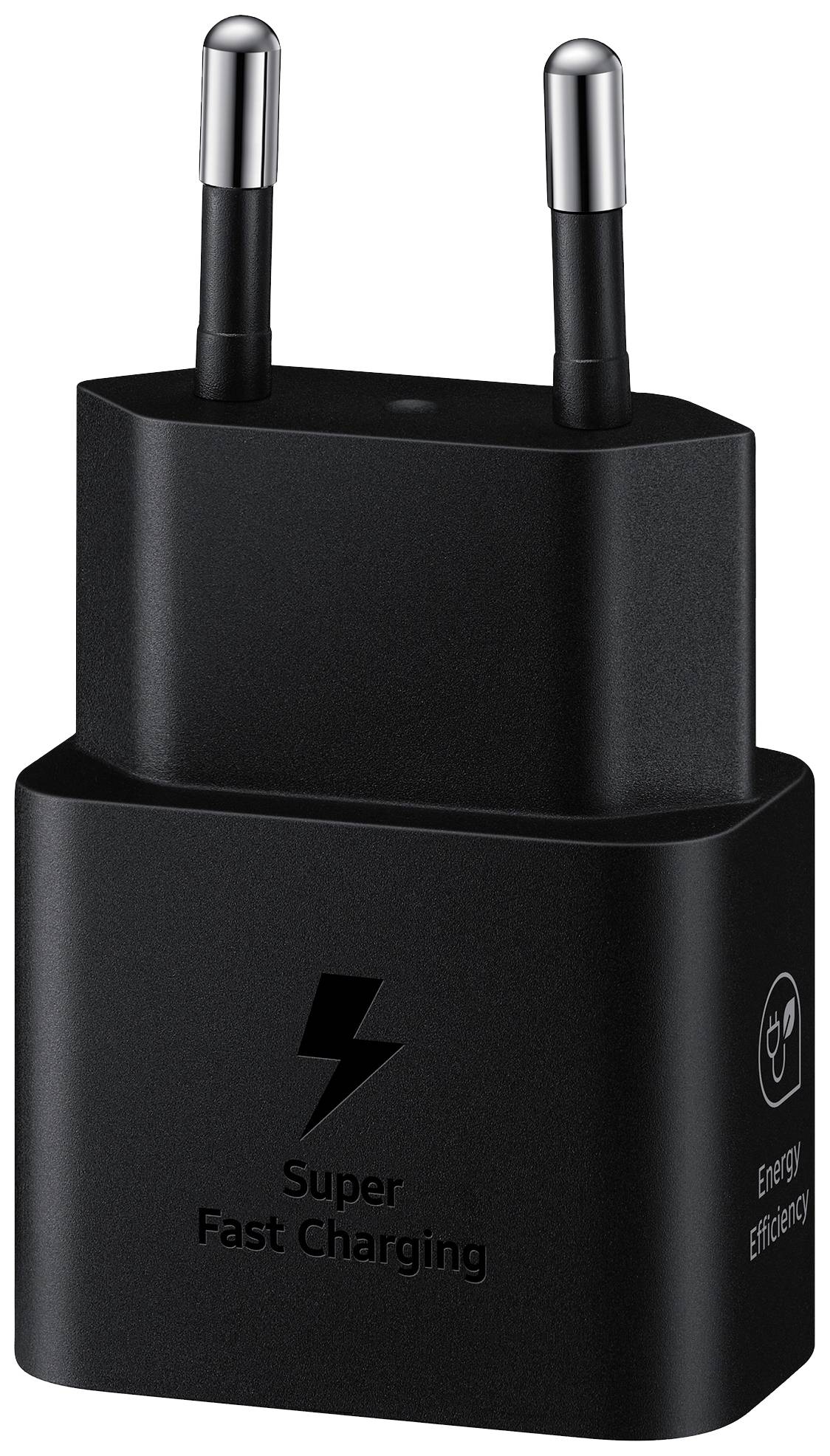 Ein schwarzes Ladegerät mit zwei Stiften und der Aufschrift 'Super Fast Charging'; energieeffizient.