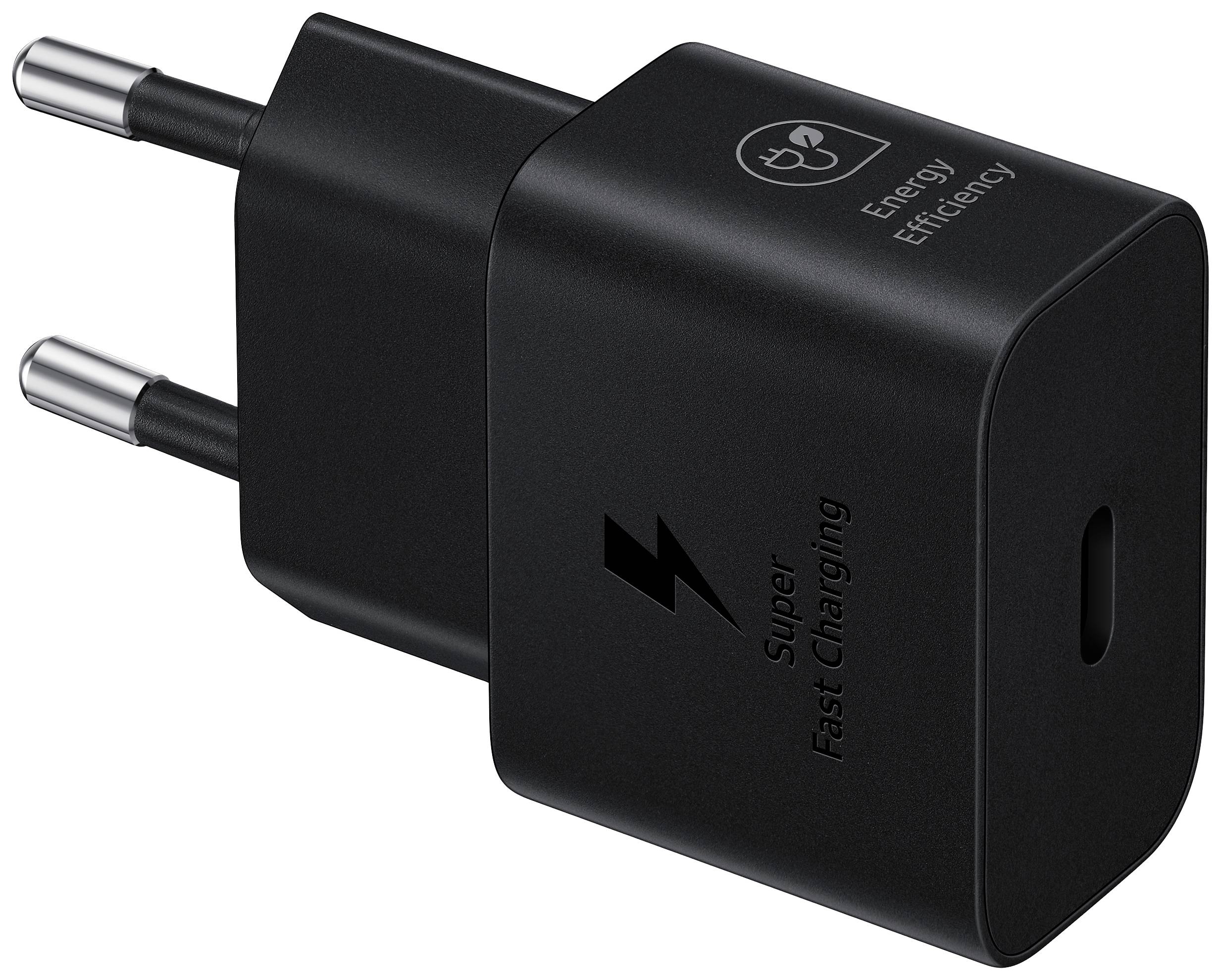 Schwarzes USB-Ladegerät mit zwei runden Steckern. Aufschrift: 'Super Fast Charging'. Symbole zeigen Energieeffizienz an.