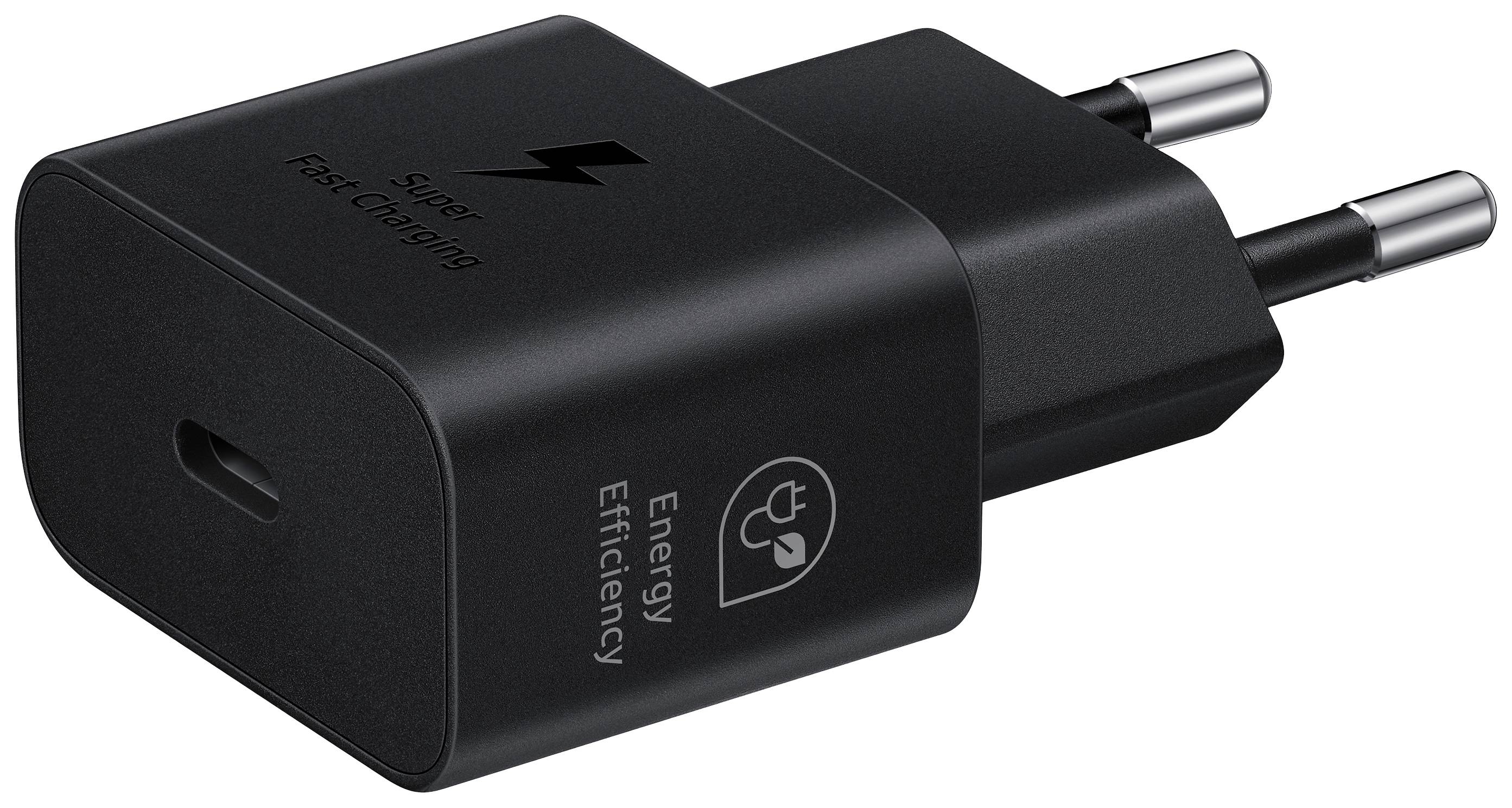 Schwarzes USB-C-Ladegerät mit Aufdruck 'Super Fast Charging' und 'Energy Efficiency'. Europäischer Stecker.