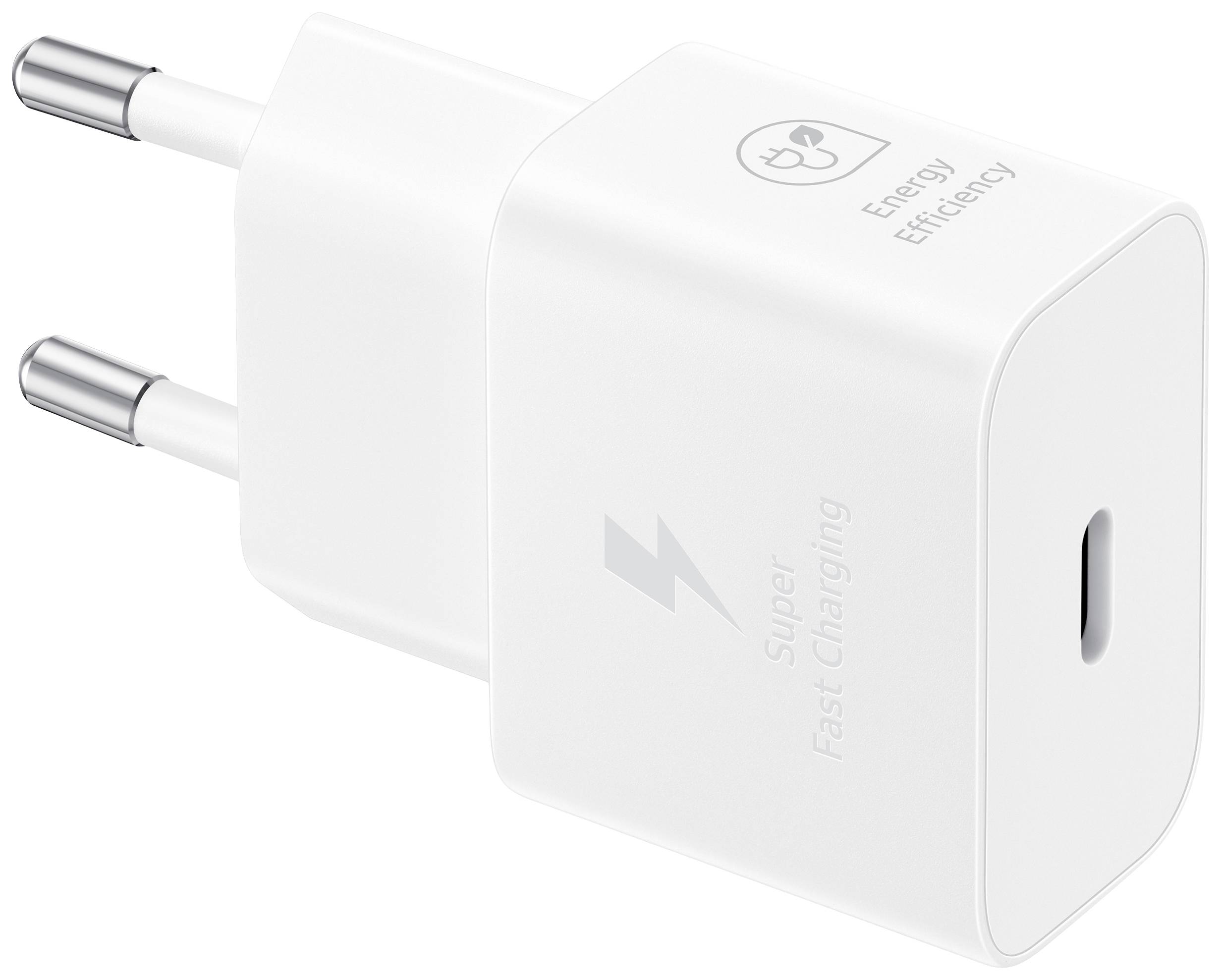 Weißes USB-Ladegerät mit europäischem Stecker und der Aufschrift 'Super Fast Charging' und 'Energy Efficiency'.