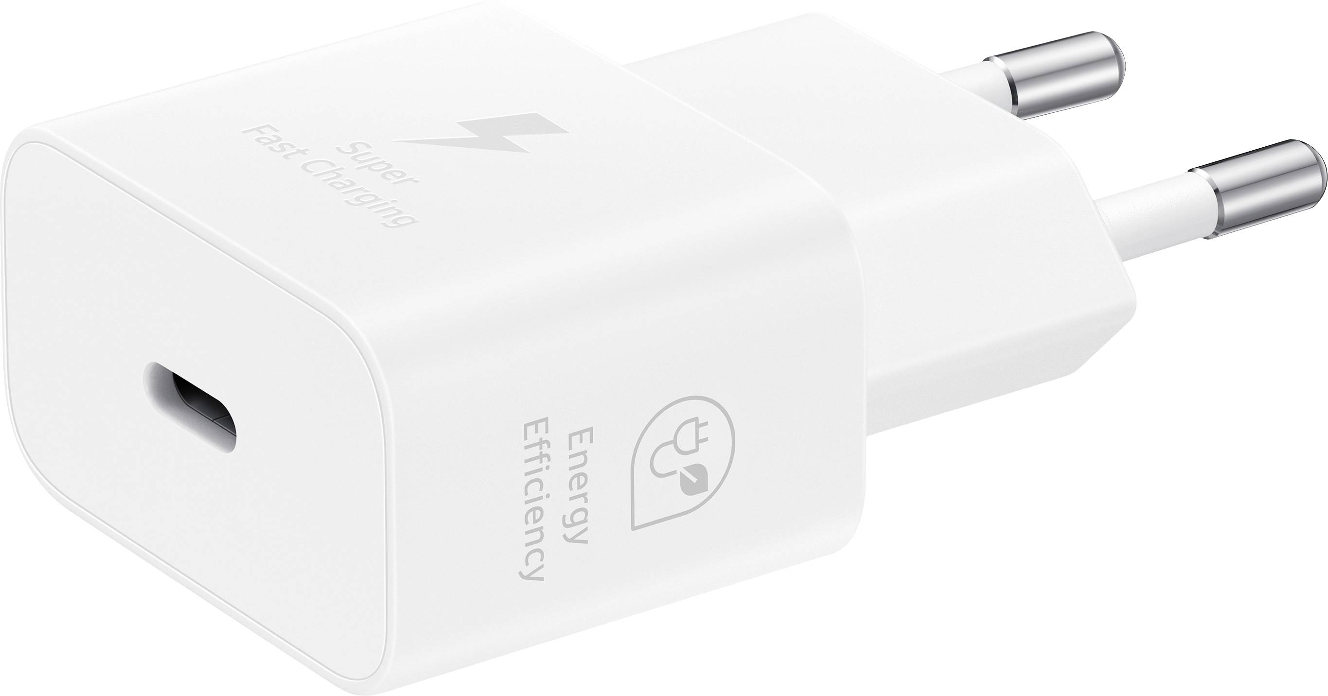 Weißes USB-Ladegerät mit zwei runden Stiften und 'Super Fast Charging' Aufschrift, geeignet für effizientes Laden mobiler Geräte.