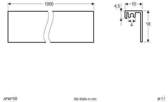 Technische Zeichnung eines 1000 mm breiten Panels und eines Winkelprofils mit den Abmessungen 10, 18, 4,5 und 4 mm in Millimetern gekennzeichnet.