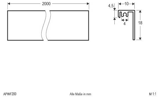 Technische Zeichnung eines 2000 mm breiten Panels mit einer zentrierten gewellten Naht; die Einschubzeichnung zeigt die Abmessungen des L-förmigen Profils in mm: 10 breit, 18 hoch, 4,5 und 4 innere Abmessungen.