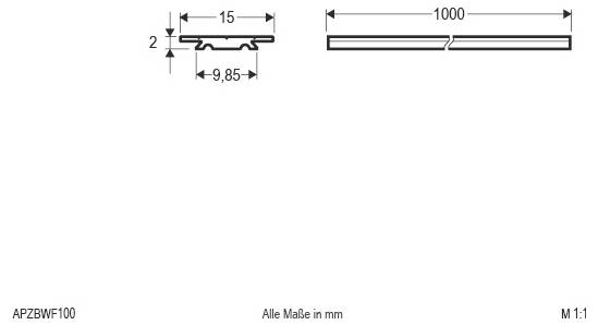 Technische Maßzeichnung eines 1000 mm langen Streifens, 15 mm breit und 2 mm dick, mit einem 9,85 mm internen Profil; alle Maße in mm.