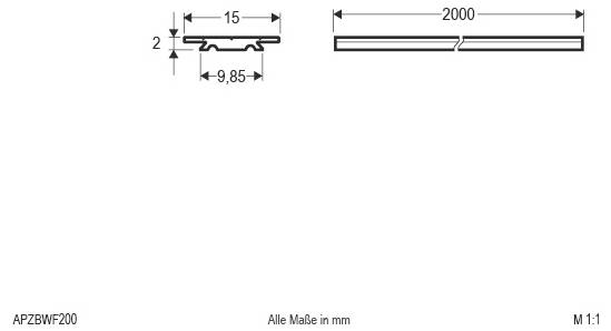 Technische Zeichnung eines 2000 mm langen Metallstreifenprofils, 15 mm breit und 2 mm dick, mit einer 9,85 mm breiten Nut auf der Unterseite; Abmessungen in Millimetern angegeben.