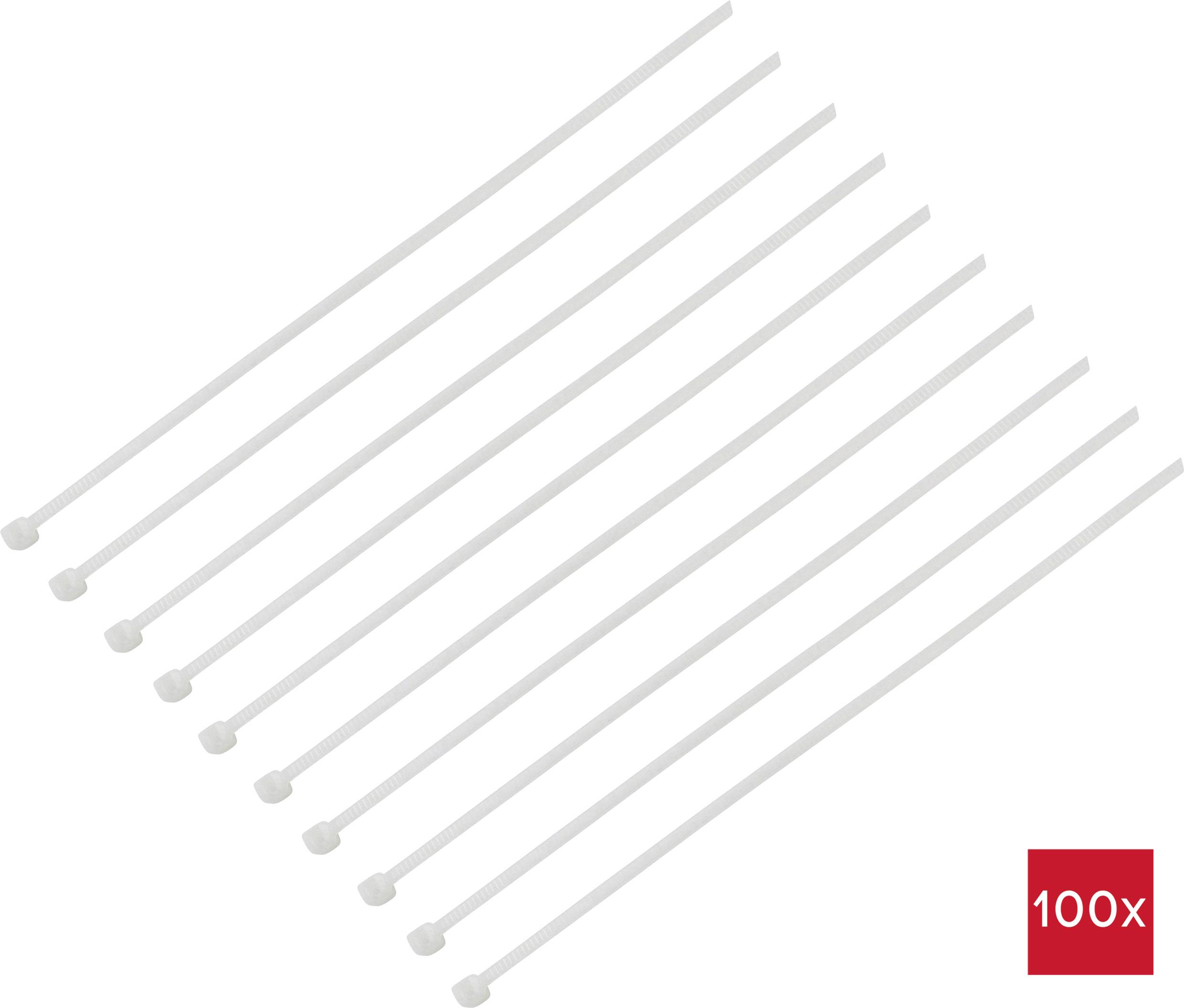 Zehn weiße Kabelbinder, parallel angeordnet, mit einer roten Bündelzählung '100x' in der unteren rechten Ecke.