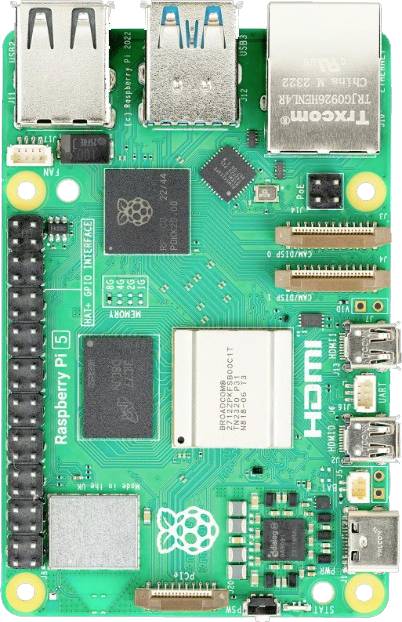 Eine grüne Raspberry Pi 5 Platine mit mehreren Anschlüssen und Chips, einschließlich HDMI und USB-Anschlüssen.