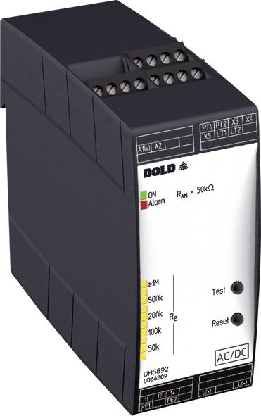 Ein elektrisches Überwachungsgerät mit Skala und Tasten zur Einstellung von Parametern wie 'RAN' und 'RG'. Markierungen für ON und Alarm.