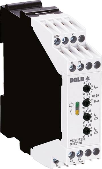 Elektronisches Bauteil DOLD MK9053N, Montagehalterung, vier LEDs für Statusanzeige, mehrere Anschlüsse oben und unten.