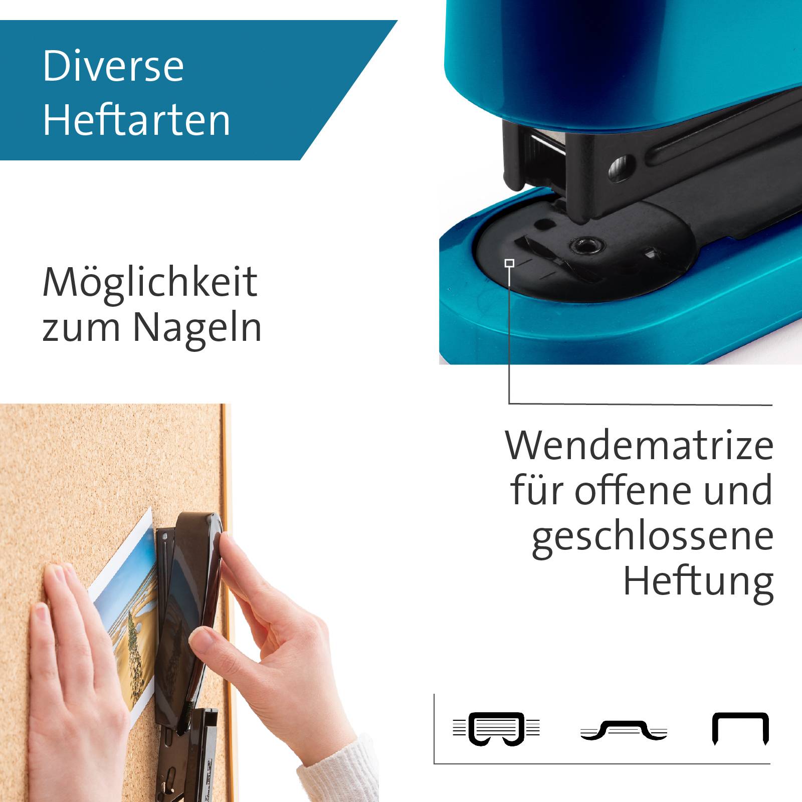 Nahaufnahme eines blauen Hefters mit Text 'Wendematrize für offene und geschlossene Heftung'. Hände heften Papier an Korkwand.