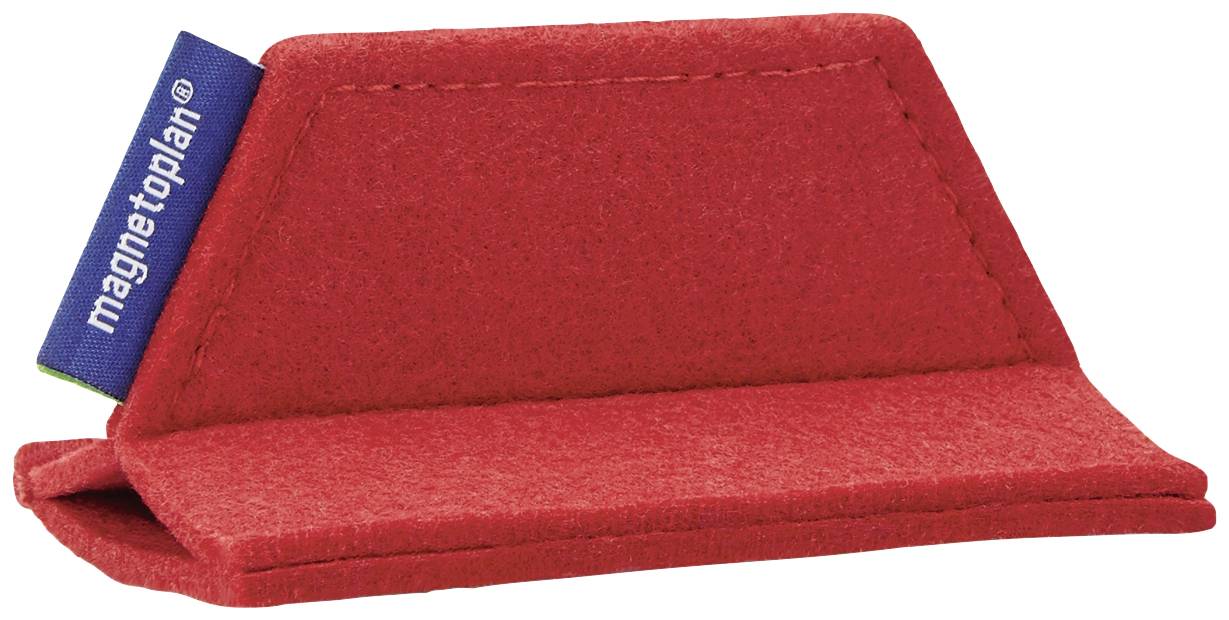Roter Filz-Stiftehalter, stehend, mit blauem Etikett.