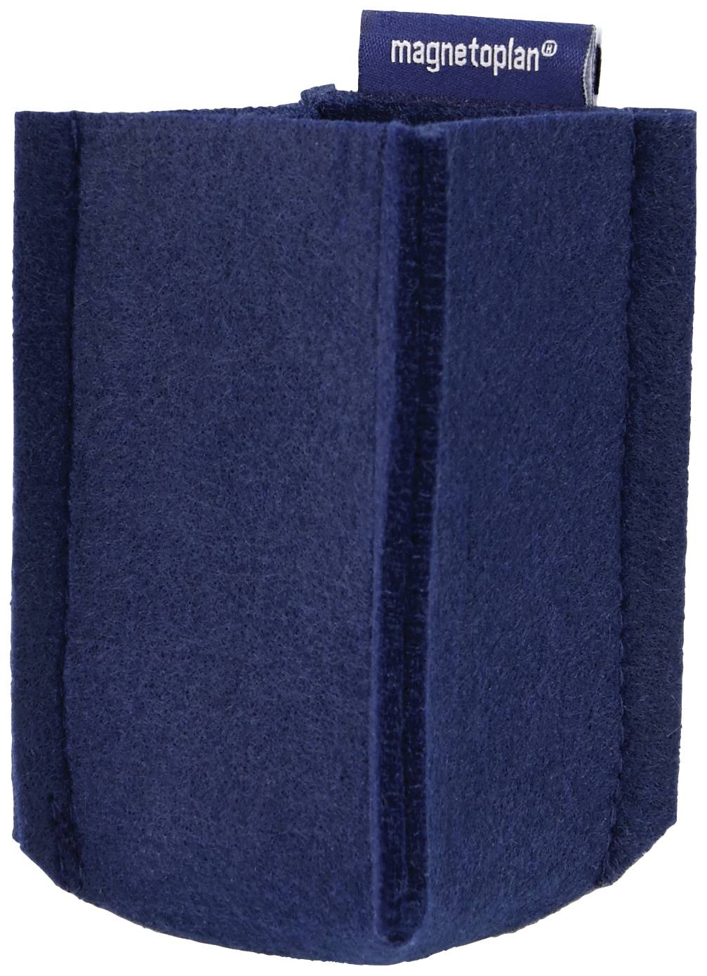 Ein blauer Stifteköcher aus Filz der Marke 'magnetoplan', steht aufrecht.