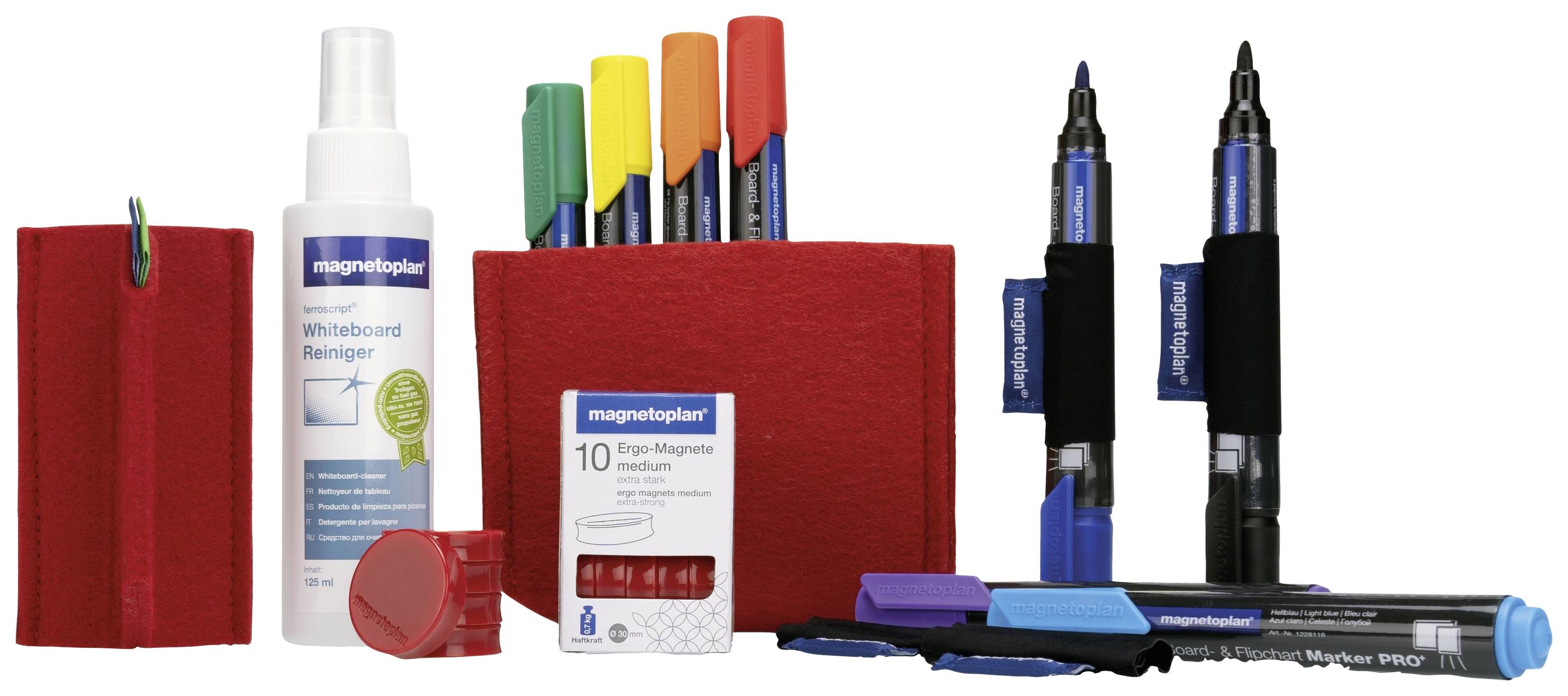 Set mit Magneten, Whiteboard-Reiniger, mehreren farbigen Markern und Stiften. Ideal für Whiteboards und Präsentationen.