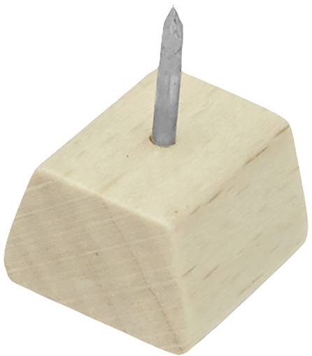 Holzklotz mit herausragendem Nagel auf der Oberseite, möglicherweise als Halterung oder Werkzeug gedacht.