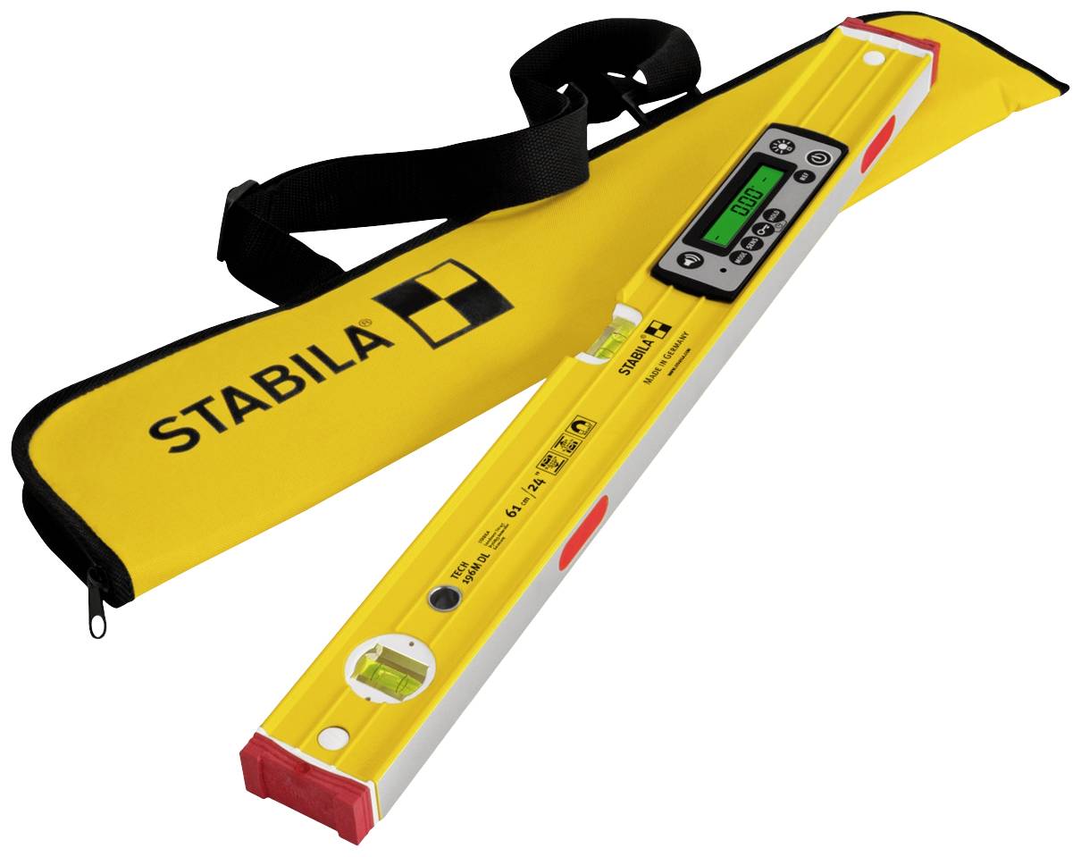 Digitaler Wasserwaage mit Display und gelber Tragetasche, Markenname 'Stabila' auf der Tasche. Gerät zur präzisen Messung.