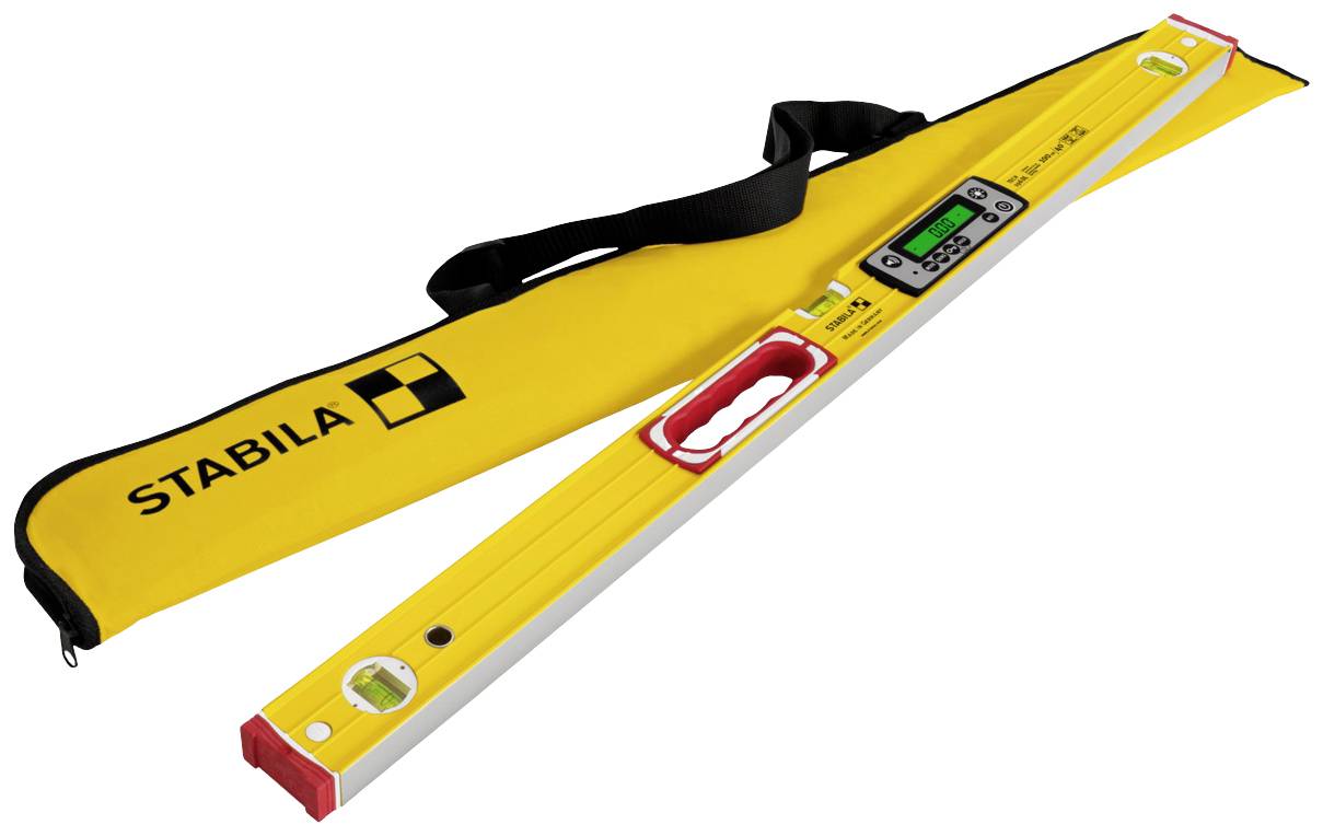 Gelbe Wasserwaage mit digitalem Display und rotem Griff vor gelber Tragetasche mit schwarzem 'Stabila'-Logo.