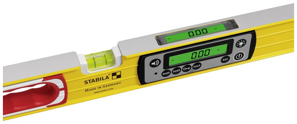 Elektronische Wasserwaage mit digitalem Display und Libelle, Gelb. Hersteller: Stabila, aus Deutschland. Anzeigen zeigt Nullstellung.