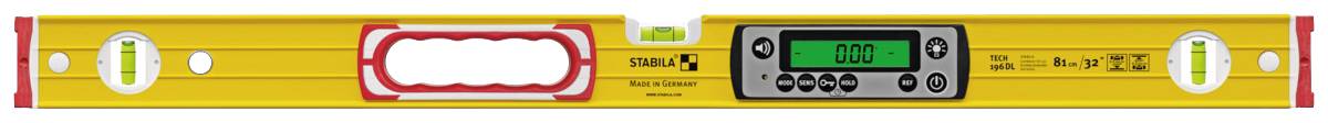 Wasserwaage mit digitalem Display und zwei Libellen. Das Display zeigt '0.00'. Gelb mit rotem Griff und Herstellerlogo.