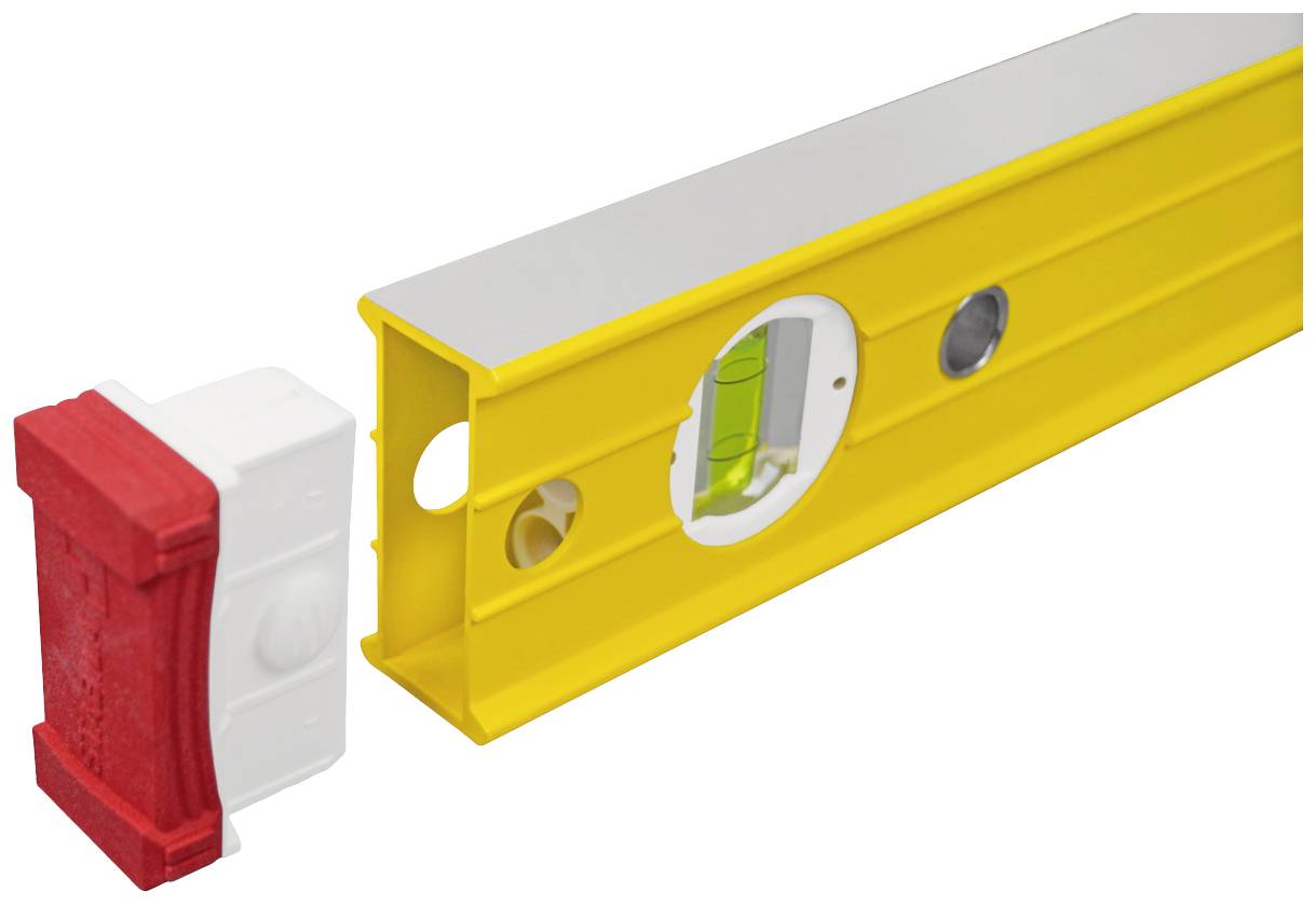 Wasserwaage mit gelbem Körper, einem runden Sichtfenster in der Mitte und einem abnehmbaren, roten Endstück. Geeignet zur Nivellierung.